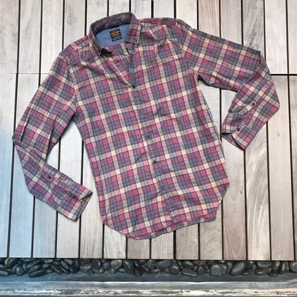 INDUSTRIE Burgundy Tan & Navy Plaid Button Down